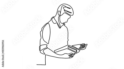 continuous line animation of man reading book