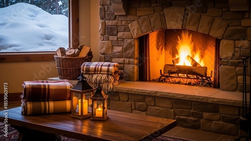 Cozy living room with fireplace burning on a snowy winter evening indoors