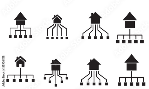 Variations of black silhouette icons representing home network and data distribution systems