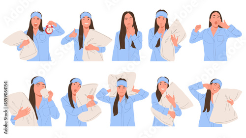 Flat vector illustration set of a female character wearing sleepwear, holding pillow, yawning, waking up, sleeping, drinking, and relaxing. Concept of sleep routine, bedtime habits, healthy sleep