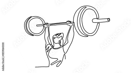 continuous line animation of strong weightlifter man preparing for barbell workout