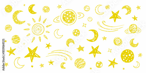 Charming hand drawn illustration of celestial bodies moons stars and planets