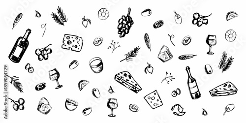 A charming doodle collection of wine cheese fruits and botanical elements
