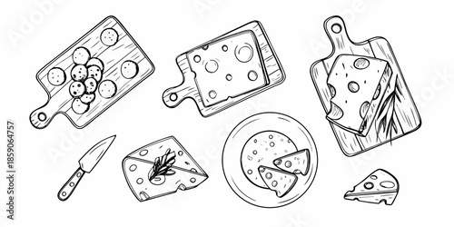 Sketch of various cheeses presented on wooden boards and a plate