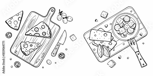 A charming black and white illustration of cheese grapes and a charcuterie board