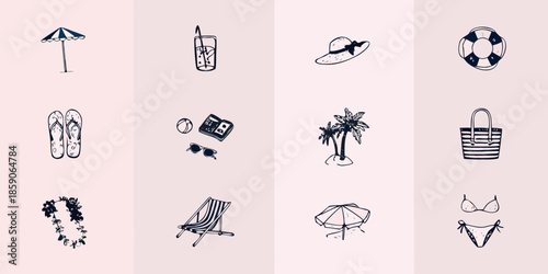 Summer vacation icons beach essentials including parasol drink and swimwear