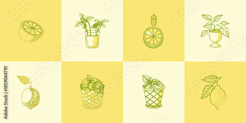 A collection of lemon slices mint sprigs and glasses on a yellow background