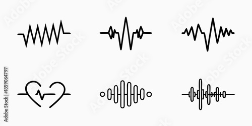 Diverse waveform illustrations and a heart rhythm graphic on a white background
