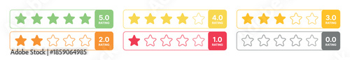 Set of colorful star rating icons from 0.0 to 5.0 in box frames, multicolor customer review feedback system score bars, vector UI elements isolated on transparent for evaluation and quality scoring