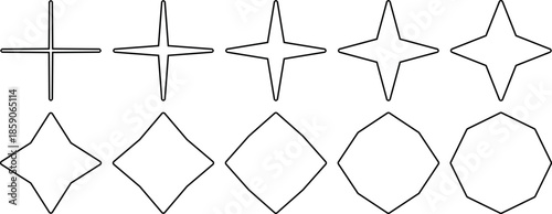 Abstract outlined geometric transformation star cross to polygon evolving shape collection thin line vector illustration isolated symmetry mathematics geometry education material pattern transition