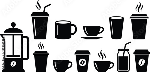 Coffee and tea drink icons set, cups mugs takeaway beverages symbols, cafe menu elements, minimal black silhouette vector design collection