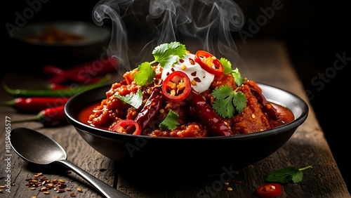 A steaming bowl of spicy chili con carne topped with fresh cilantro and sour cream, served on a rustic wooden table.