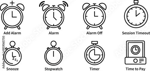 A collection of eight line art icons depicting various time-related functions such as adding alarms, active alarms, alarm off, snooze, stopwatch, timer, session timeout, and time to pay.