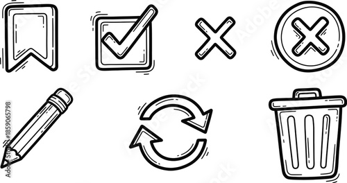 A collection of various furniture icons, including chairs, sofas, tables, beds, and cabinets, presented in a clean, black and white graphic style.