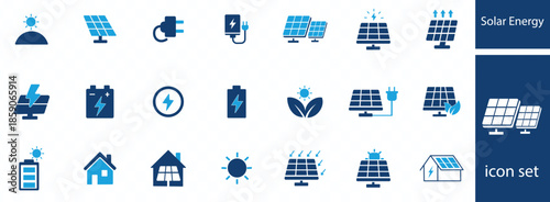 Solar Energy and Renewable Energy solid icon set. Includes symbols for Solar Panel, Smart Grid, Net Zero, and EV Charging.