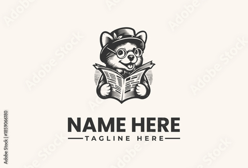 A black and white illustration of a raccoon wearing a hat and reading a book with a placeholder text for a logo, against a clean background.