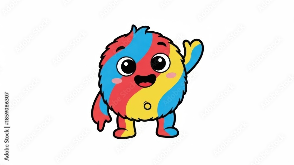 Obraz premium Cheerful striped creature with a bright smile and an inviting hand gesture, cartoon style