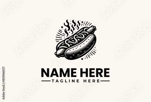 A black and white illustration of a grilled hot dog with flames and a generic text placeholder for a logo or brand name on a plain background.