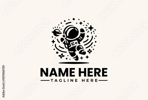 Black and white vector illustration of an astronaut surrounded by stars and planets, with a placeholder name and tagline on a beige background, conveying a sense of space exploration.
