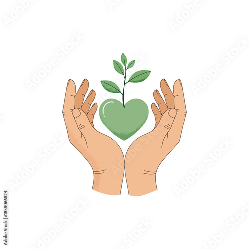 Hands nurture a green heart sprout, metaphor for emotional wellbeing, mental health, healing, self-care, stress management