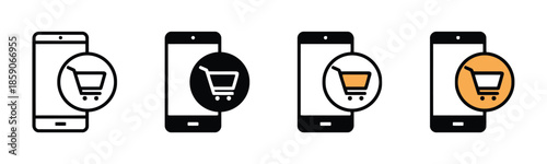 Online shop icons set on smartphone representing modern shopping cart for ecommerce concept and mobile purchase outline