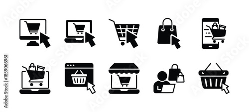 Online shop store e commerce shopping cart sale technology marketing website and retail buying service concept in black and white
