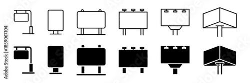 Outline and Solid Black Icons of Billboards and Signage Structures Keywords: billboard, sign, signage, advertising, display, structure, outdoor, panel, frame, stand, pole, modern, outline