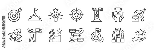 Outline Business Success Icons Set Presenting Success, Goals, Strategy, Motivation, Opportunity, And Leadership For Business Development And Career Growth