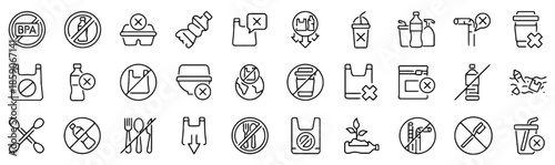 Outline No Plastic Product Vector Concept with Bpa, Bottle, Box, Bag, Food Container, Cup, Drink, Straw, Cotton Swab, Utensil, Pollution, Planet, Waste on White Background