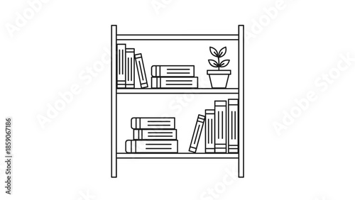 Minimalist bookshelf with books and potted plant on white background, Generative AI.