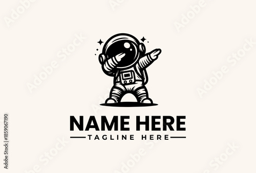 A black and white illustration of an astronaut character pointing with a starry background and a placeholder text for a logo or brand name in a simple design.