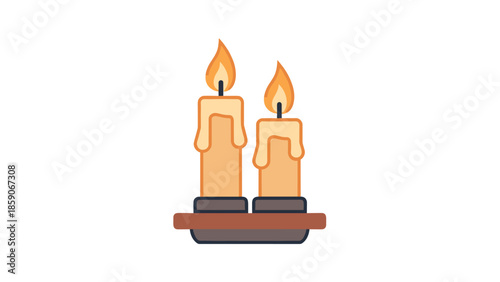 Two lit candles on a wooden tray creating warm ambiance, Generative AI.
