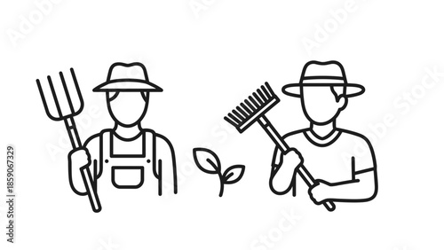 Farmers with gardening tools and a growing plant, Generative AI.