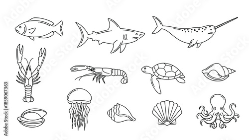 Marine life illustrations including fish shark turtle and seafood, Generative AI.