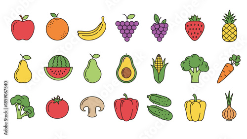 Vibrant colorful illustrations of various fruits and vegetables, Generative AI.