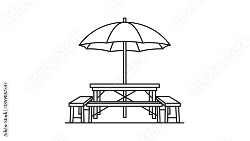 Modern outdoor picnic table with umbrella in park setting, Generative AI.
