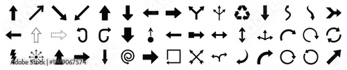 Comprehensive collection of diverse black arrow icons featuring various shapes and styles ideal for navigation buttons user interface layouts and directional signage applications