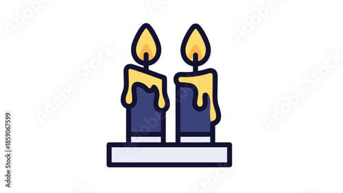 Two burning candles on a holder with melted wax, Generative AI.