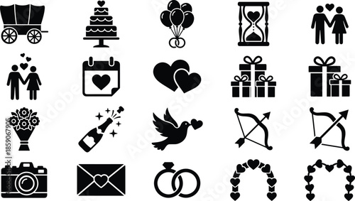 Wedding love icons set, romance marriage celebration symbols, engagement heart elements isolated on white background