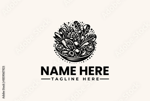 A black and white illustration of a floral logo with a bowl, surrounded by leaves and decorative elements, on a beige background with sample text.