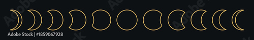 Golden linear vector lunar phase design with hand drawn moon outlines on dark background, astronomy inspired celestial aesthetic for spiritual zodiac or esoteric themes, minimal mystical moon symbols