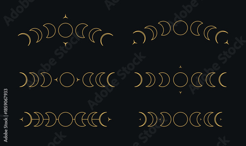 Geometric moon phase vector set with elegant golden crescent moon cycle symbols on dark background, mystical celestial lunar calendar minimalist astrology elements perfect for spiritual design