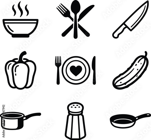 Cooking food icons set, kitchen dining utensils vegetables symbols, restaurant meal preparation elements isolated on white background
