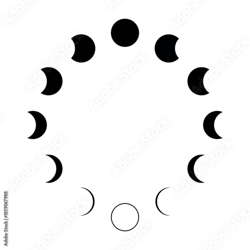 Black moon phases vector flat illustration lunar cycle chart minimal outline astronomy icon cosmic moonlight diagram astrology educational design simple silhouette celestial sky science