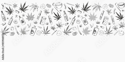 A monochromatic pattern showcasing cannabis leaves beverages and various smoking accessories