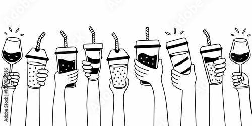 A collection of hands holding various beverage containers sketched in black and white