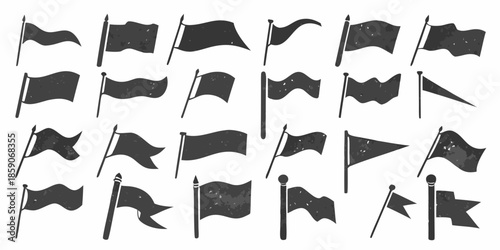 A collection of various black flags waving in different directions