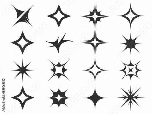 Collection of various black sparkle and starburst shapes on a white background