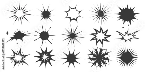Collection of various black and white explosion starburst shapes on a dark background