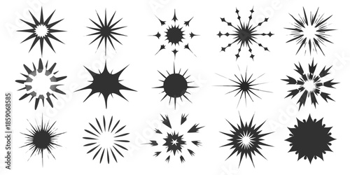 An assortment of abstract black starburst shapes against a dark background